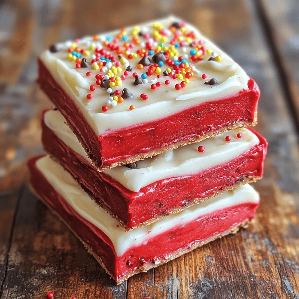 Red velvet cookie dough bars are a fun twist on classic cookies. They bring together a rich, chocolatey flavor with a bright red hue. This eye-catching color makes them perfect for any event. The creamy texture of the dough is soft and chewy, which adds to their charm. These bars are great for birthdays, holidays, or just a treat for yourself.