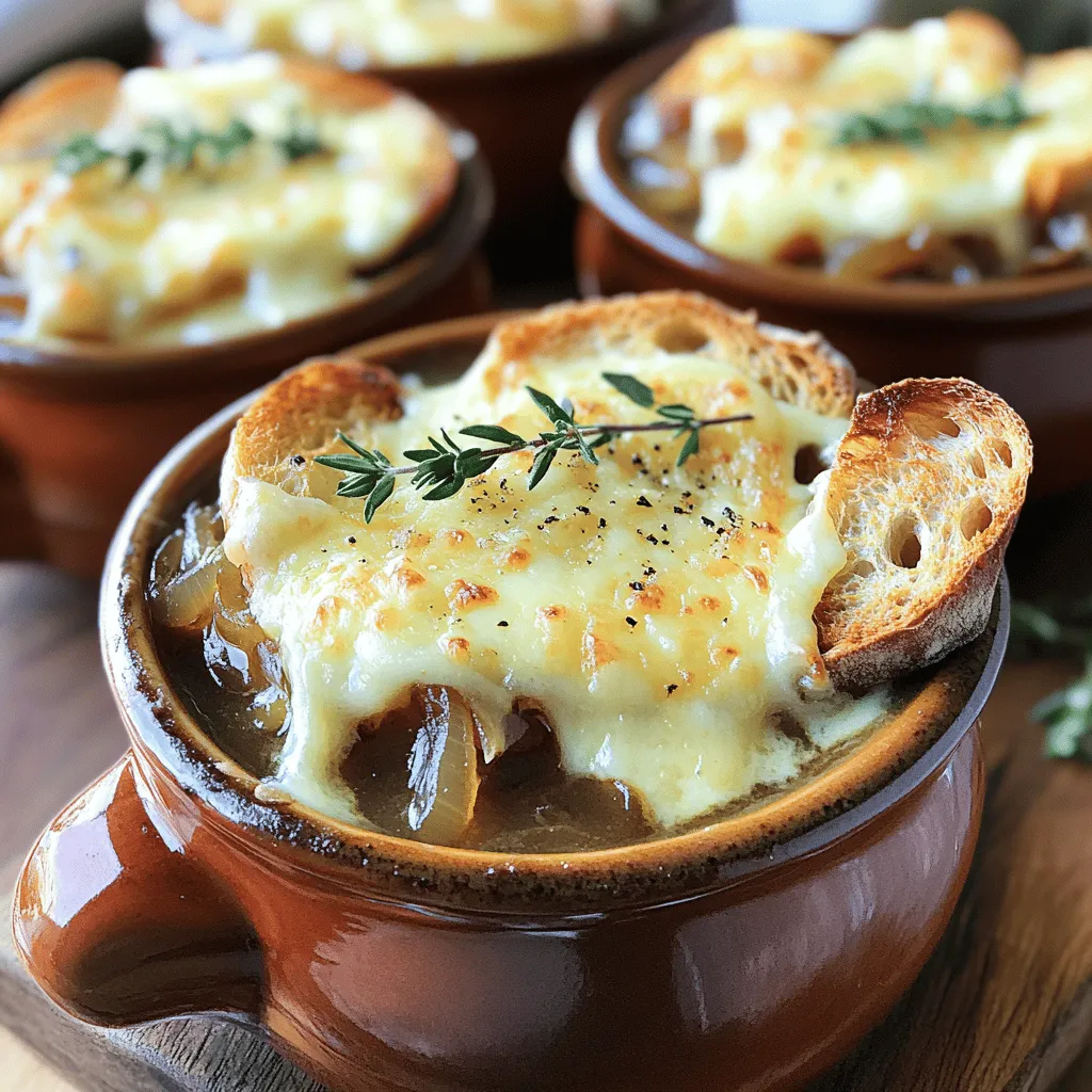 - 4 large yellow onions, thinly sliced - 4 tablespoons unsalted butter - 1 tablespoon olive oil - 2 cloves garlic, minced - 4 cups beef broth or vegetable broth - 1 teaspoon dried thyme - 1 bay leaf - Salt and pepper to taste - 1 tablespoon balsamic vinegar - 1 tablespoon sugar - 8 slices of French baguette - 2 cups Gruyère cheese, shredded - ½ cup Parmesan cheese, grated