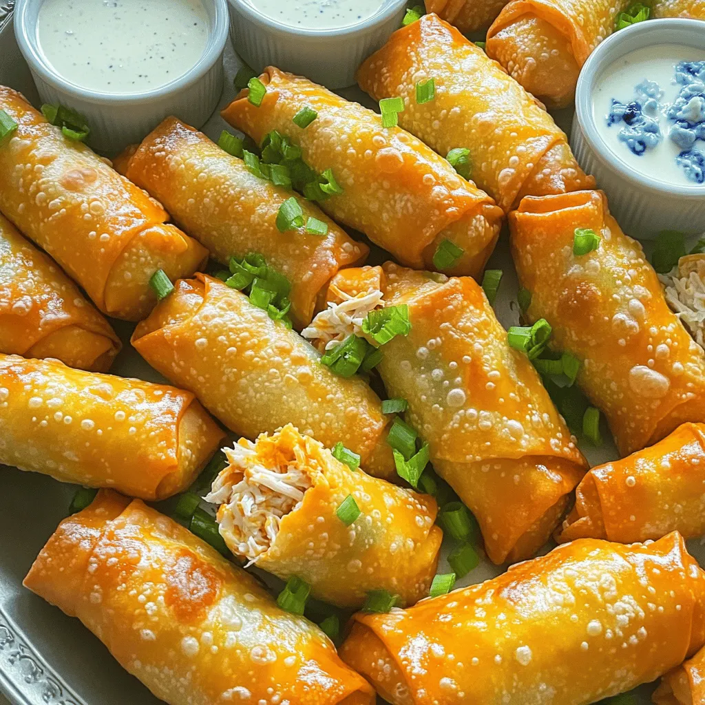 Buffalo chicken egg rolls are a tasty twist on classic egg rolls. They blend shredded chicken with spicy Buffalo sauce, cream cheese, and cheddar cheese. You wrap this filling in a crispy egg roll wrapper and fry it until golden brown.
