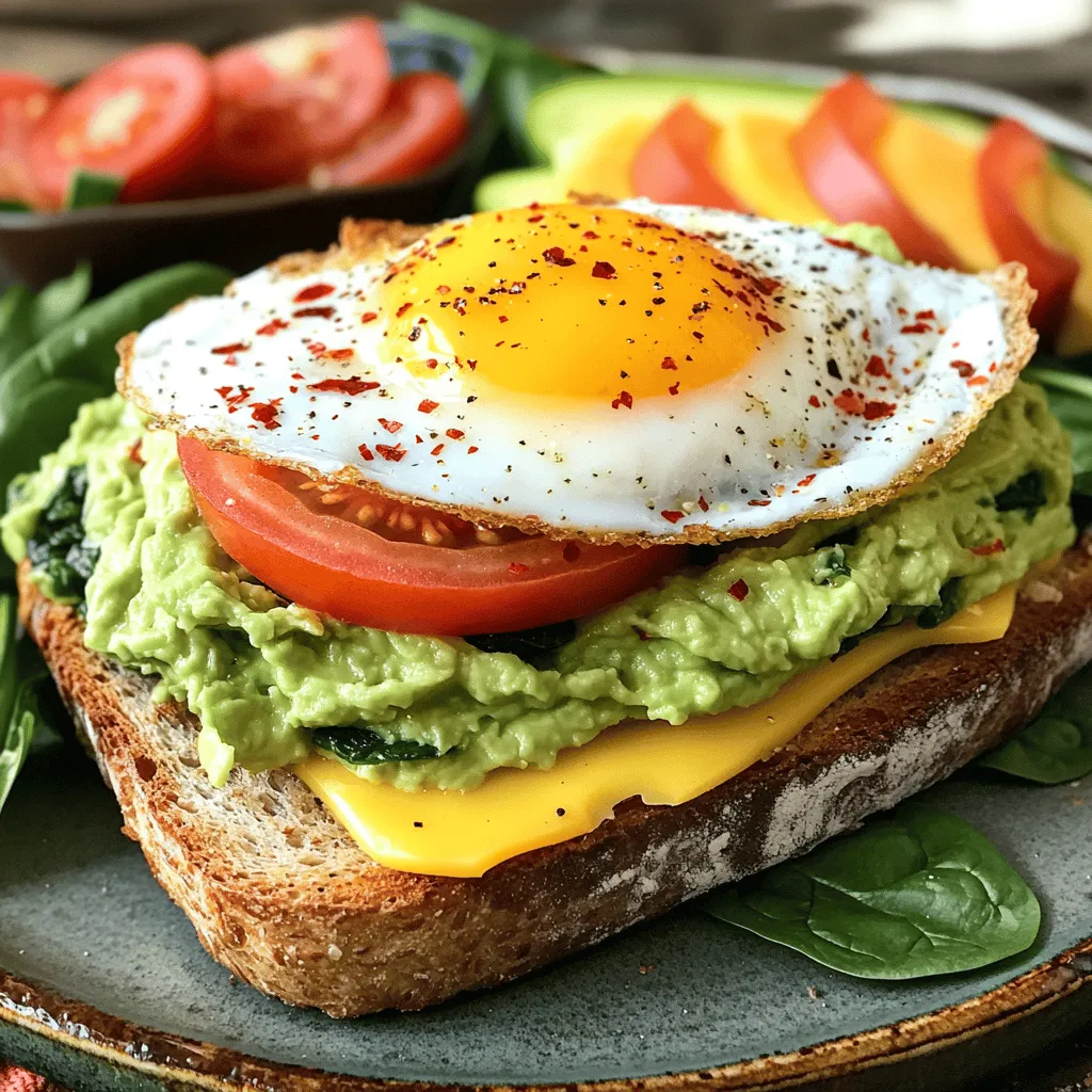 To make a great avocado breakfast sandwich, you need fresh ingredients. Start with one ripe avocado. Choose whole grain bread for a healthy base. You will also need a large egg and a slice of cheddar cheese. A slice of tomato adds freshness, while fresh spinach gives a nice crunch. Olive oil helps cook the egg and adds flavor. Finally, season with salt and pepper. For a little spice, consider red pepper flakes.