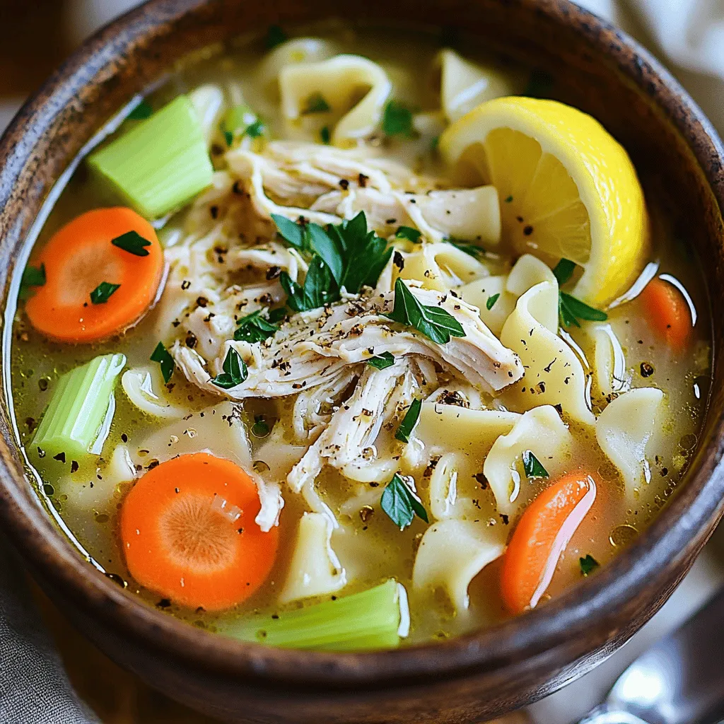 - 2 chicken thighs, bone-in and skin-on - 4 cups low-sodium chicken broth - 2 cups water - 1 medium onion, diced - 2 carrots, sliced - 1 celery stalk, diced - 3 cloves garlic, minced - 1 teaspoon dried thyme - 1 tablespoon fresh parsley, chopped - 1 bay leaf - Salt and pepper to taste - 1 cup egg noodles - Juice of 1 lemon