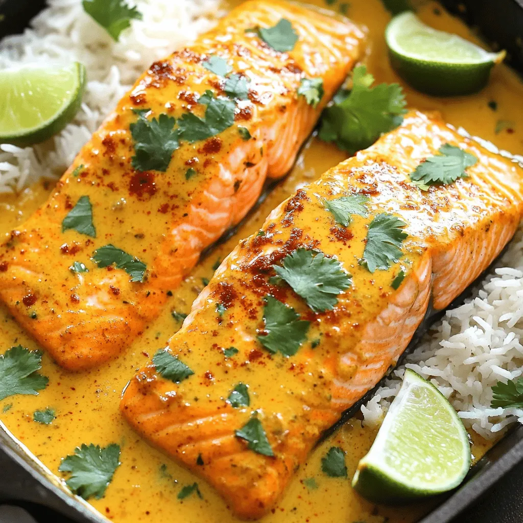 To make the Coconut Curry Salmon with Garlic Butter, you need some key ingredients. You will need 4 salmon fillets, coconut milk, red curry paste, fish sauce, brown sugar, lime juice, garlic, butter, olive oil, spinach, salt, and pepper. Fresh cilantro and lime wedges are great for garnish too. These ingredients create a rich and tasty dish.
