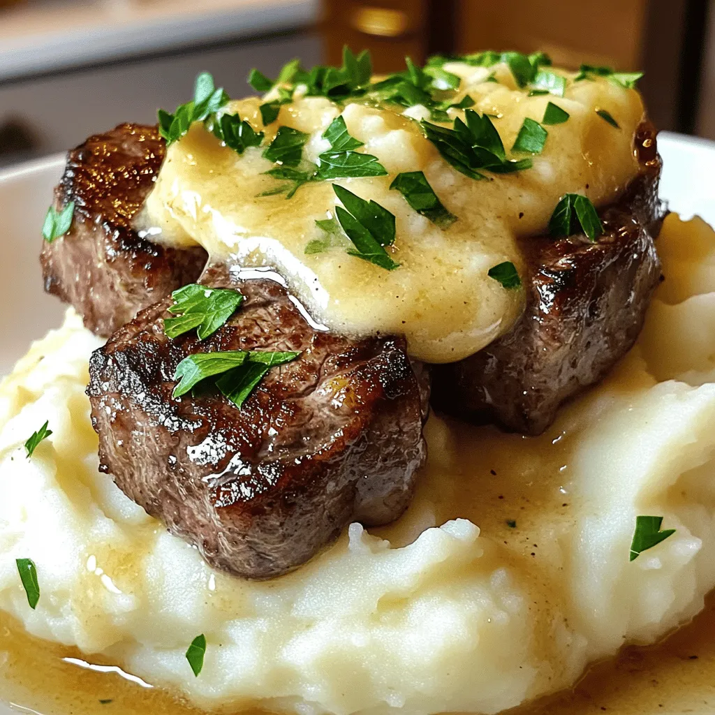 To make creamy garlic butter steak bites with mashed potatoes, you need some key ingredients.
