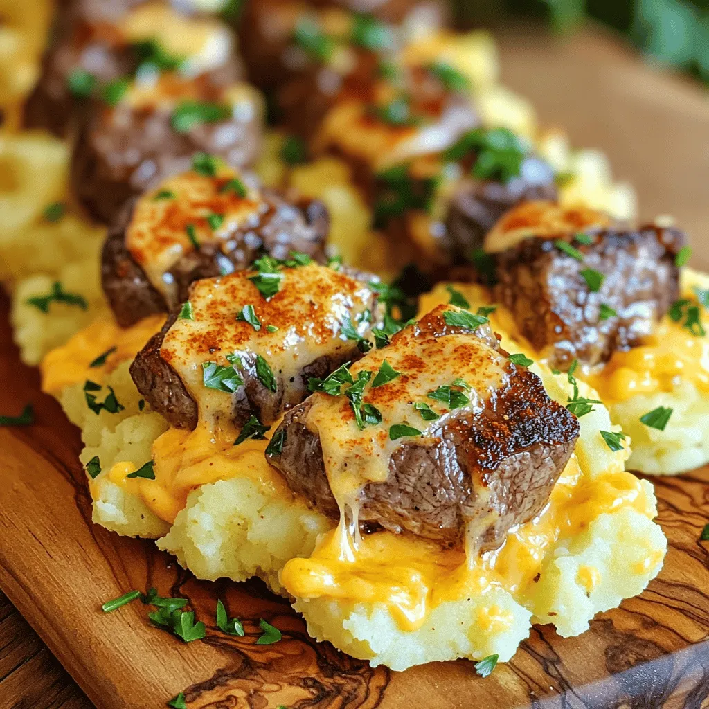 For garlic butter steak bites and crispy cheddar smashed potatoes, you need a few key ingredients. First, pick a good steak. I love using sirloin for its flavor and tenderness. You