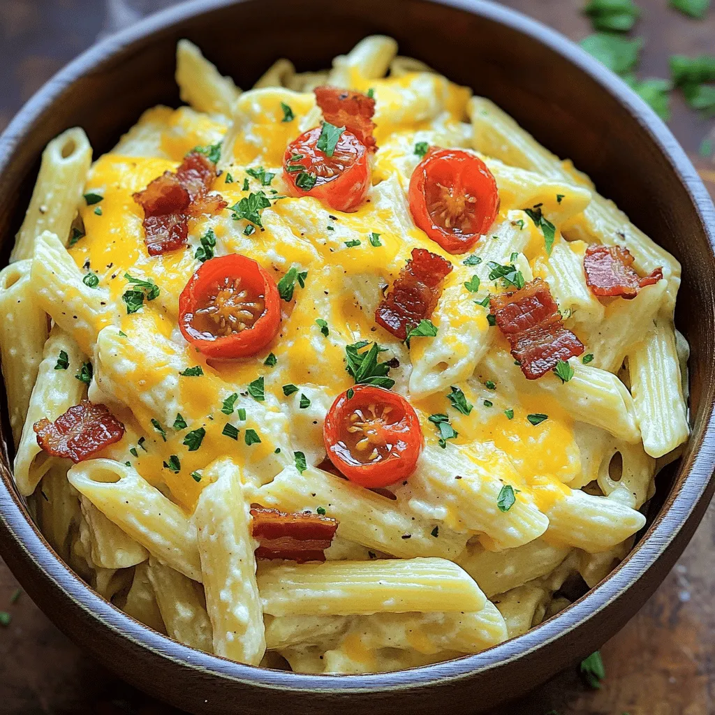 - 8 oz pasta (penne or rotini) - 2 boneless, skinless chicken breasts - 4 slices of bacon - 1 cup heavy cream