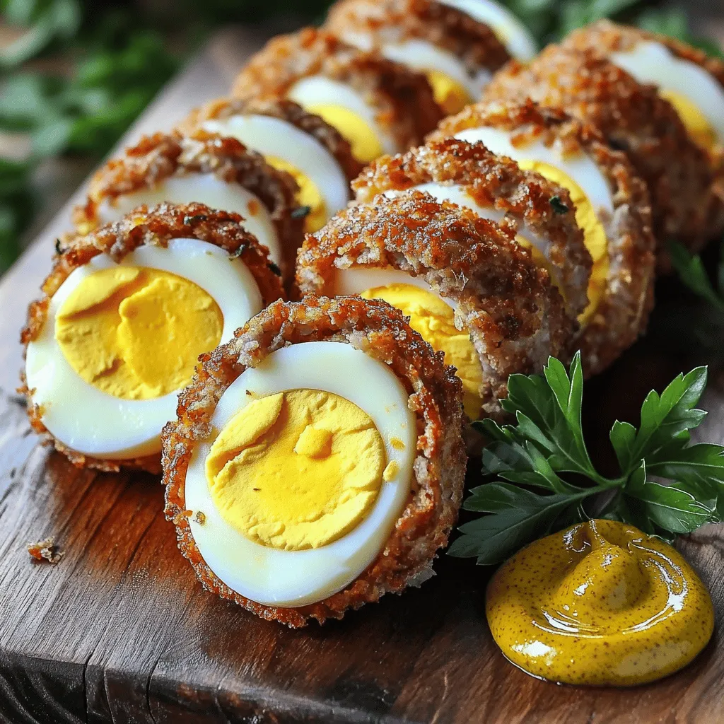 Scotch eggs are a tasty snack made of eggs wrapped in sausage. They are breaded and fried for a crispy outer layer.