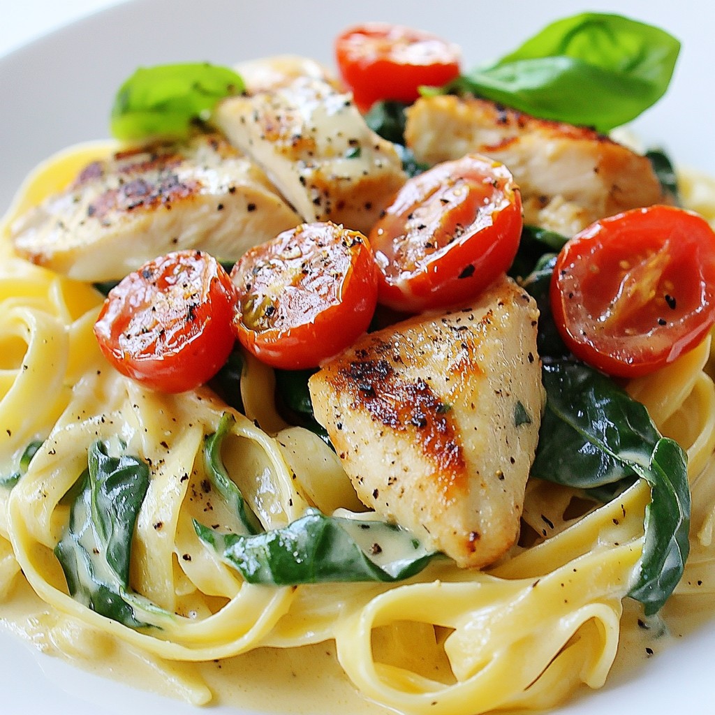 Creamy Chicken Alfredo with Spinach and Tomatoes Dish