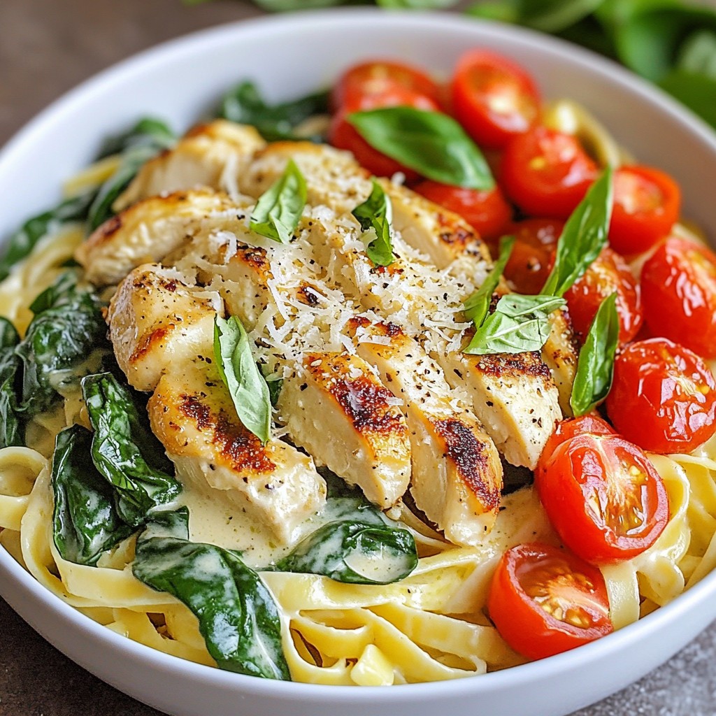 Creamy Chicken Alfredo with Spinach and Tomatoes Dish
