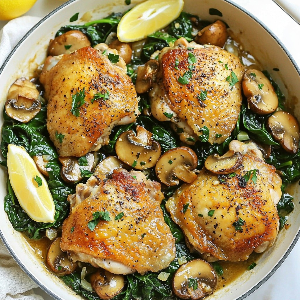 One-Pan Chicken Thighs with Mushrooms and Spinach Dish