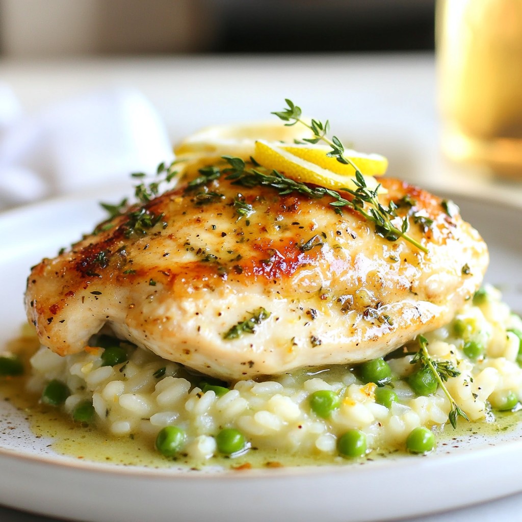 Savory Lemon Thyme Chicken Breast with Pea Risotto Dish